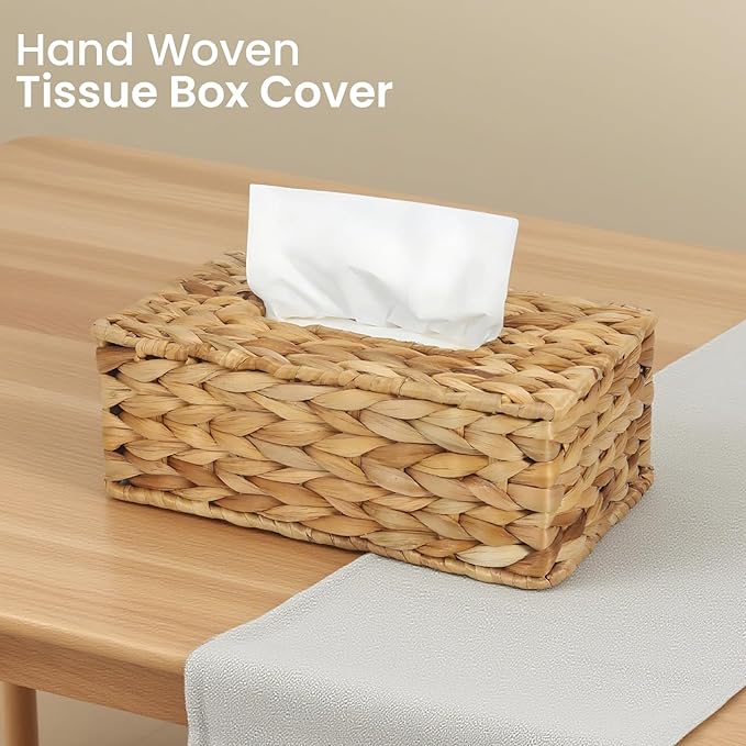 MHCLUE Water Hyacinth Rectangular Tissue Box Cover - Handwoven Natural Decorative Tissue Holder, Fits Standard Rectangular Tissue Boxes for Living Room, Bedroom, Bathroom, Sustainable Home Decor