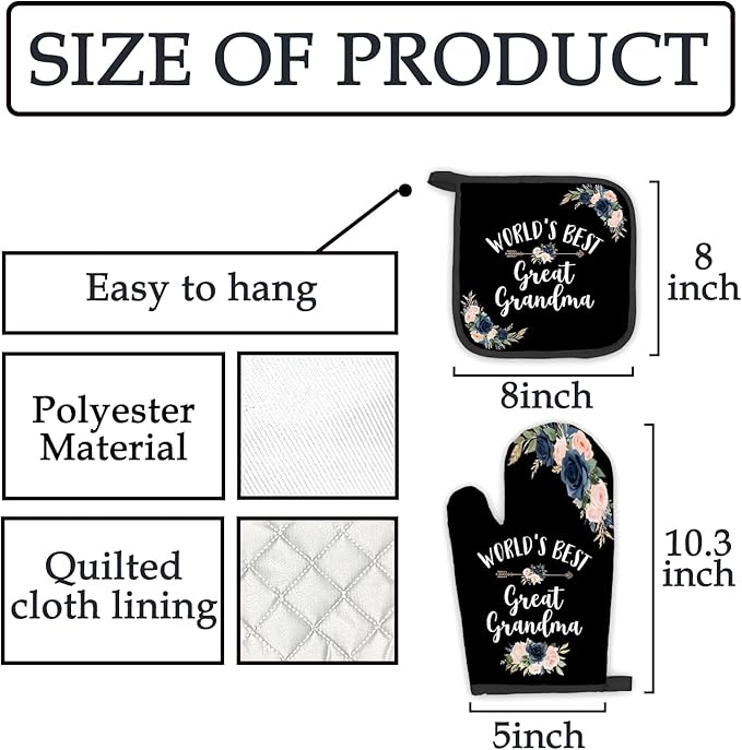 Great Grandma Gifts Oven Mitts and Pot Holders Sets, Gifts for Great Grandma Kitchen Decor Accessories Sets, World’s Best Great Grandma Heat Resistant Oven Glove Potholders for Kitchen Cooking