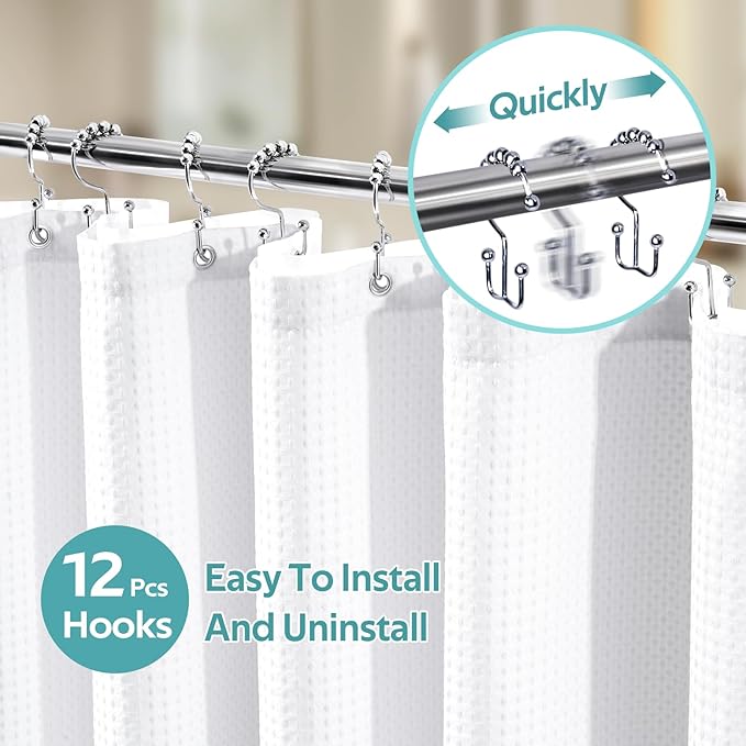Vipfree 3 in 1 Shower Curtain Set, Waffle Shower Curtain and Liner Set with 12 Double Sided Shower Curtain Hooks, 258GSM Luxury Weighted Cloth Shower Curtains for Bathroom, 72 W x 72 H, White