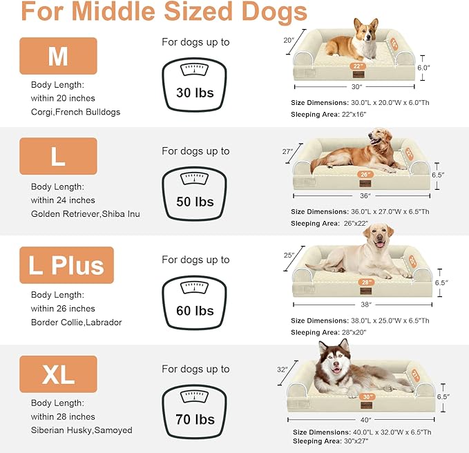 Large Dog Bed Orthopedic Washable: Beds Bolster XL Bed Large Big Dogs Egg Crate Foam Couch Sofa Waterproof with Removable Cover - Beige