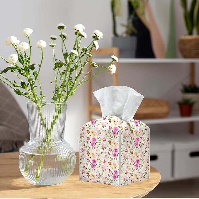 Tissue Box Cover, Tissue Box Holder, Square with Belt Bottom, PU Leather Decorative Organizer for Desk, Table, Countertop Bathroom, Toilet Car, Office, Dresser Bedside, Aesthetic Flowers Fruits Decor