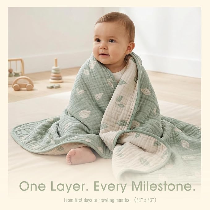 HardNok Botanical Muslin Baby Blanket - Made with Organic Cotton, Sage Green Leaf Jacquard for Gender Neutral Nursery, Baby Registry Gift, 43x43 Inches (Terra Sage Green)