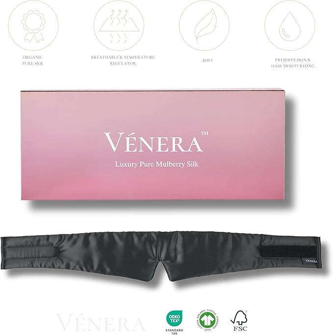 Vénera Silk Eye Mask - 100% Pure Mulberry 22 Momme Silk Sleep Mask, Adjustable Sleep Mask for Women and Men (Adjustable, Cloud Black)