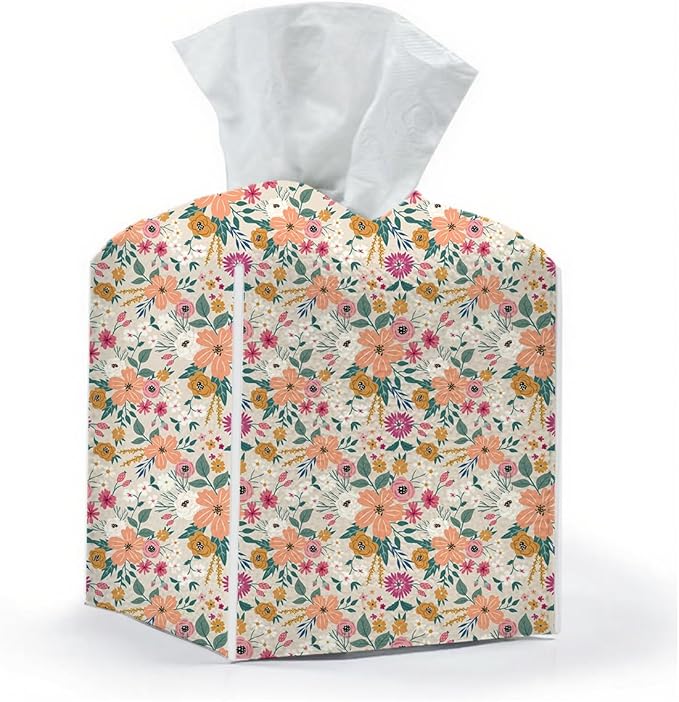 Tissue Box Cover, Tissue Box Holder, Square with Belt Bottom, PU Leather Decorative Organizer for Desk, Countertop Bathroom, Living Room ,Toilet Car, Office, Dresser Bedside, Aesthetic Floral Decor