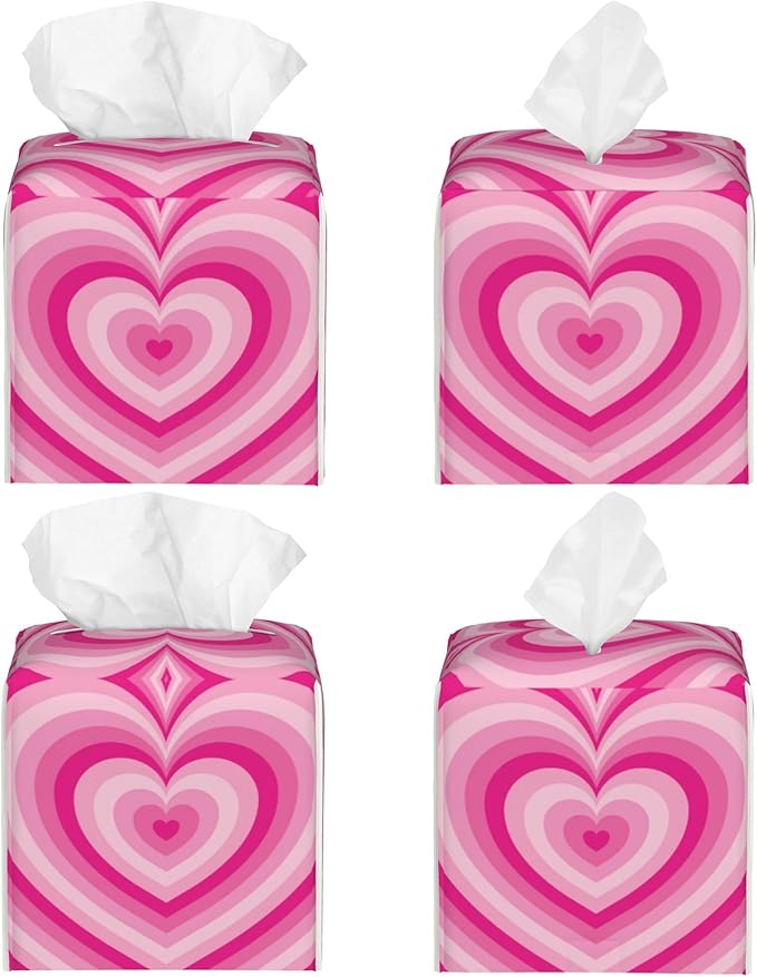 POIUBLE Tissue Box Holder Pink Heart Tissue Box Cover Square Leather Tissue Holder Organizer Portable Decorative Facial Paper Case for Home Office Bathroom Vanity Countertop