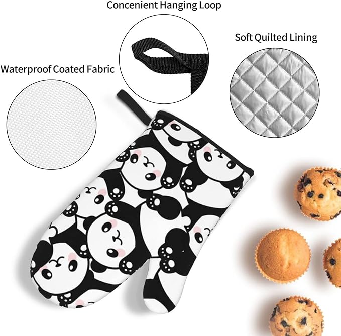 Cute Panda Oven Mitts and Pot Holders Set of 4, Oven Mittens and Potholders Heat Resistant Gloves for Kitchen Cooking Baking Grilling BBQ