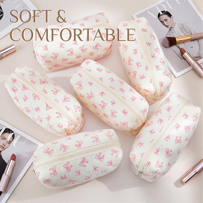 Paterr 6 Pcs Quilted Makeup Bag Bulk for Women Girls Birthday Valentine's Day Bridesmaid Gifts Cute Cotton Cosmetic Pouch Bow Floral Coquette Aesthetic Travel Toiletry Bag(Little Bow,White)