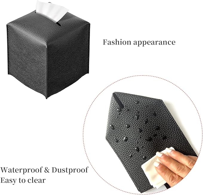 REGELETO Square Tissue Box Cover, Pu Leather Tissue Box Holder with Bottom Belt Modern Stylish Tissue Box Organizer for Bathroom, Bedroom, Hotel, Office Desk 5"X5"X5" (Black)