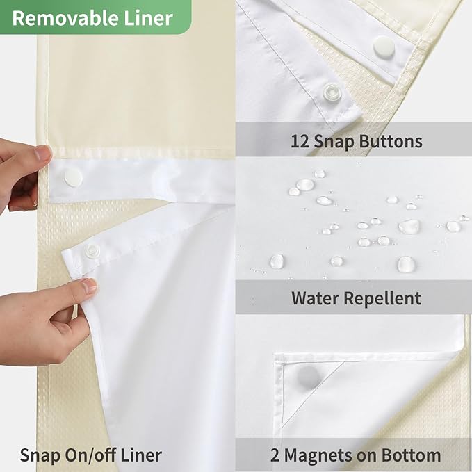 eachope Stall No Hook Shower Curtain with Snap-in Fabric Liner Set,Waffle Weave Shower Curtains for Bathroom,Hotel Luxury Decor Bathroom Curtain Set,Waterproof & Washable,Cream,54Wx80H