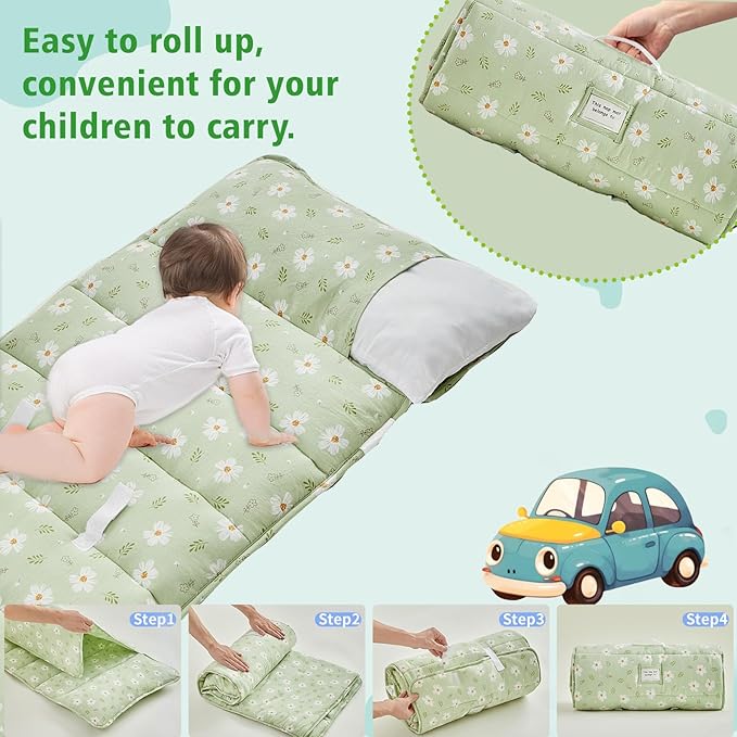 Floral Toddler Nap Mat with Zipper,Detachable Minky Blanket and Removable Pillow,Soft Slumber Bags for Girls,Kids Sleeping Bag for Daycare Preschool Kindergarten,Flower Toddler Sleeping Mat - Green