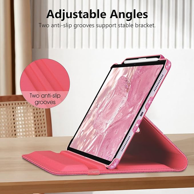 Fintie Rotating Case for iPad Air 13-inch (M3) 2025, (M2) 2024-360 Degree Swiveling Protective Stand Cover with Pencil Holder, Auto Wake/Sleep, Glittering Pink