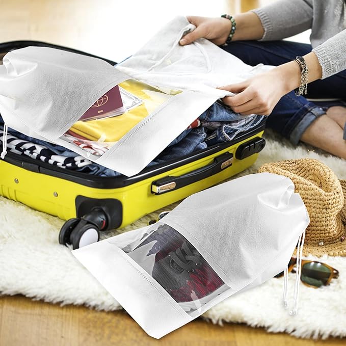 12 Pack Shoe Bags for Travel, Large Travel Shoe Bags for Packing with Clear Window, Dustproof Drawstring Travel Shoe Storage Bags Travel Essentials for Men & Women, White