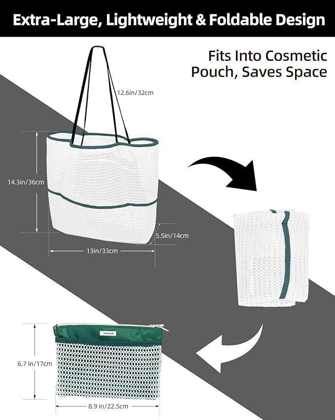 ToKismet Mesh Beach Tote Bag Packable,2026 New 2-in-1 Large Lightweight Foldable Beach Bags with Multiple Pockets for Women