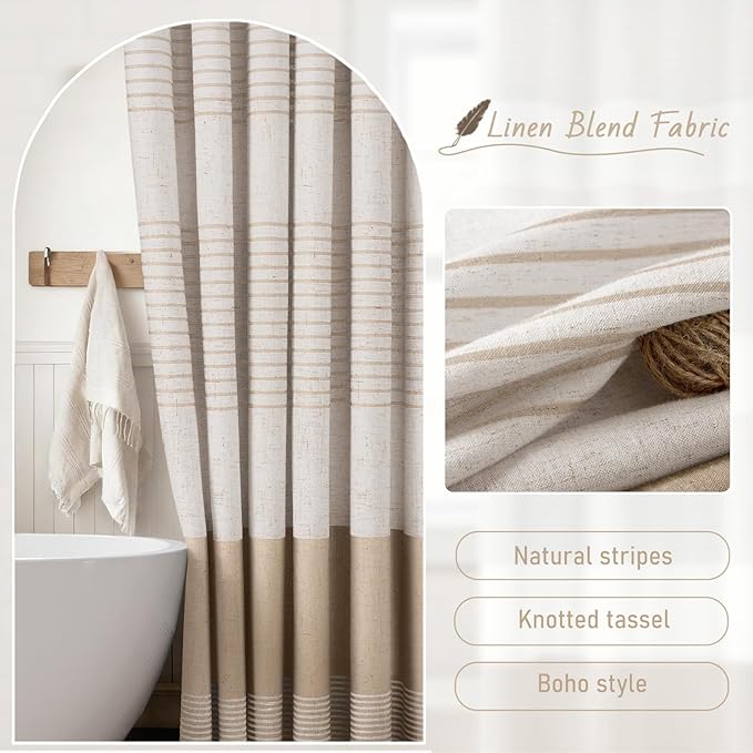 XOGUIBO Beige Shower Curtain Boho Linen Striped Shower Curtains for Bathroom with Tassel 72 X 72