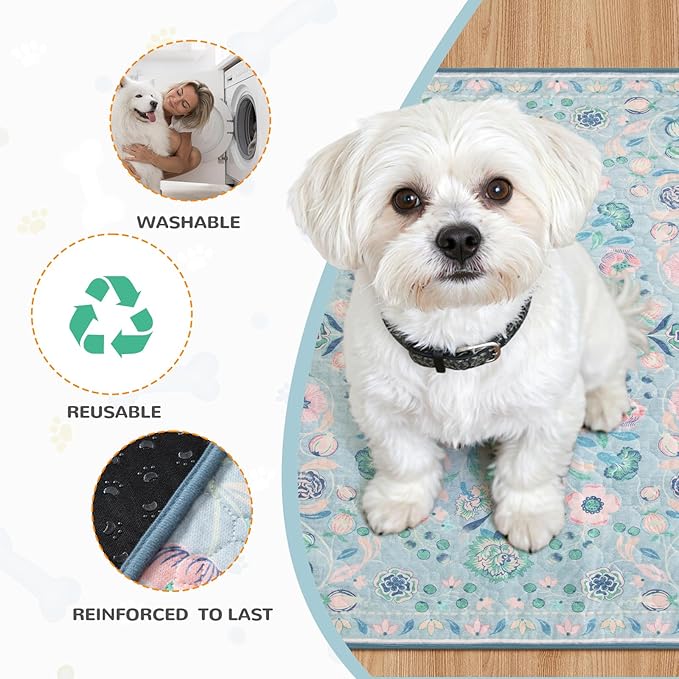 Lahome Washable Reusable Pee Pads for Dogs - Blue Botanical Floral 2 Pack Puppy Pads, Super Absorbent & Waterproof Dog Training Mats for Potty & Crate - Leakproof with Non-Slip Backing (24"x24")
