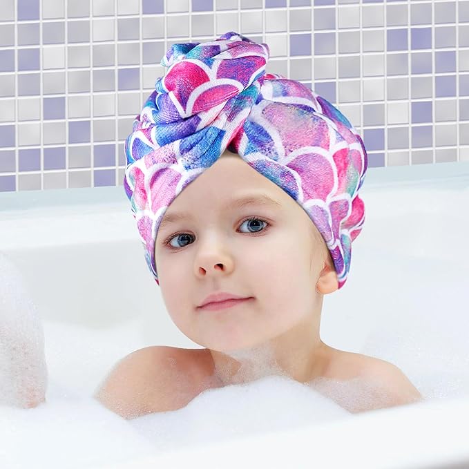 MADHOLLY Microfiber Hair Towel for Kids Gift - Soft Super Absorbent Rapid Drying Hair Towel Wrap Turban for Girls Women with Button, Anti-Frizz for Thicker Curly Long Hair, 2Pack