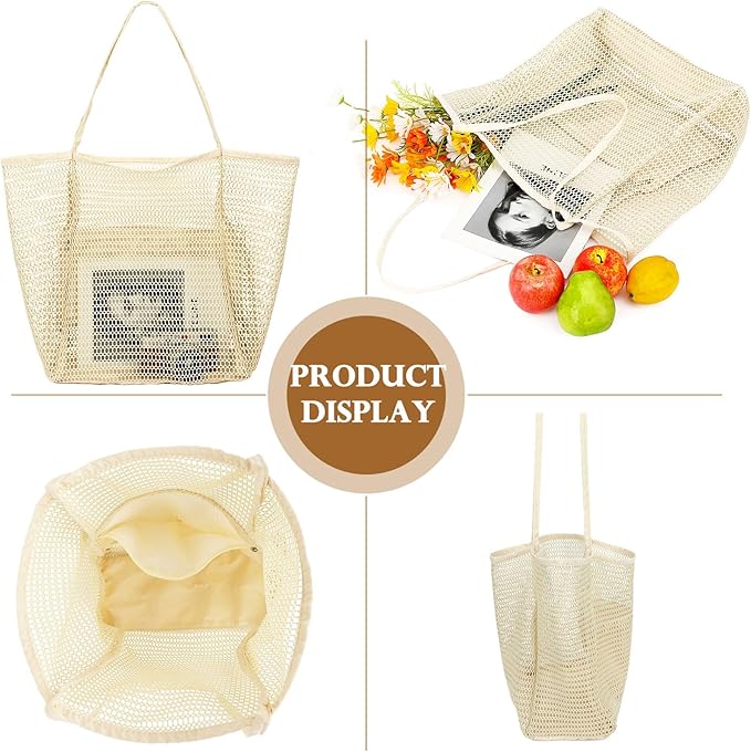 Fammart Mesh Beach Bag, Large Beach Tote with Zipper Pocket for Family Pool Bag for Toys & Vacation Essentials