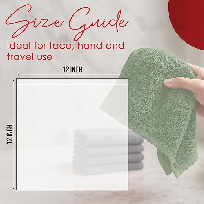 RIVERSIDE 12 Pack Washcloths - 12x12 Inches, 500 GSM, 100% Ring-Spun Cotton - Soft, Absorbent & Durable Face and Body Towels - for Bathroom, Spa, Gym, Makeup Removal & Everyday Use - Sage Green