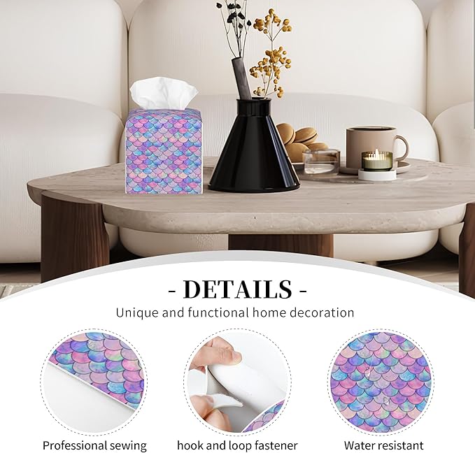 POIUBLE Tissue Box Holder Mermaid Scales Tissue Box Cover Square Leather Tissue Holder Organizer Portable Decorative Facial Paper Case for Home Office Bathroom Vanity Countertop