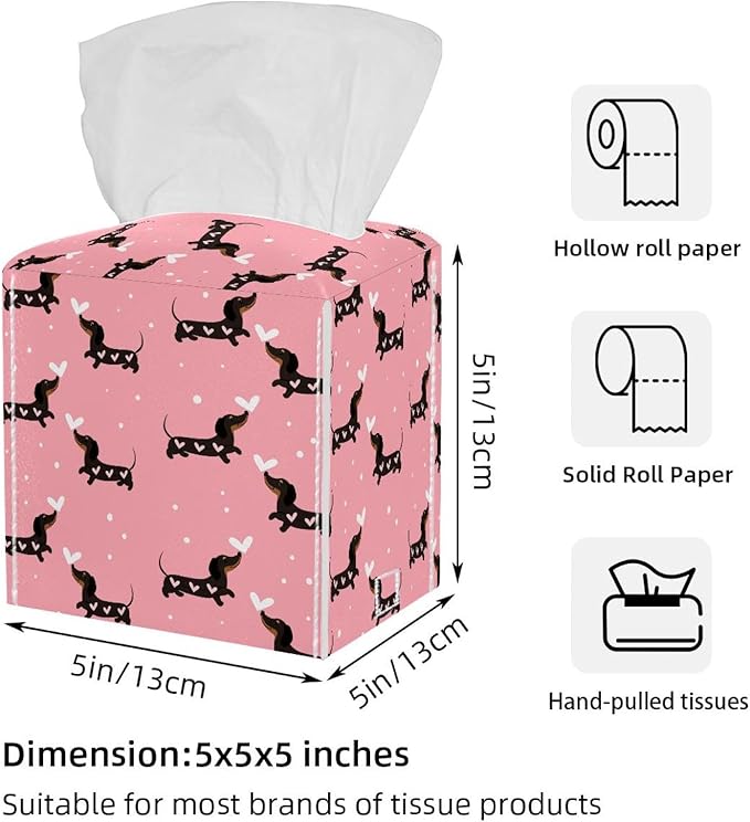2 Pack Leather Tissue Box Cover – Dachshund Dogs and Hearts Tissue Box Holder Decorative for Bathroom, Home Office Decor