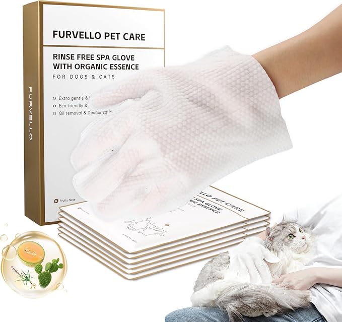 FURVELLO 4 in 1 Pet Glove Wipes for Dogs & Cats, 7 Plant Extracts, Pet Cleaning Wipes Hypoallergenic, Dog Washing Gloves Extra Thick, Lick-Safe, Deodorizing, Rinse Free for Grooming and Travel, 6PCS