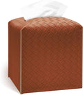 Tissue Box Cover Holder, PU Leather Tissue Box Cover with Braided Pattern, Square Tissue Holder with Bottom Belt, Modern Organizer for Bathroom, Car, Office,(Saddle Brown, 12 Braided Patterns)