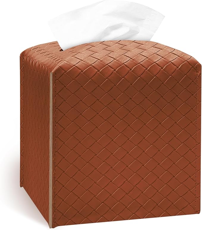 Tissue Box Cover Holder, PU Leather Tissue Box Cover with Braided Pattern, Square Tissue Holder with Bottom Belt, Modern Organizer for Bathroom, Car, Office,(Saddle Brown, 12 Braided Patterns)