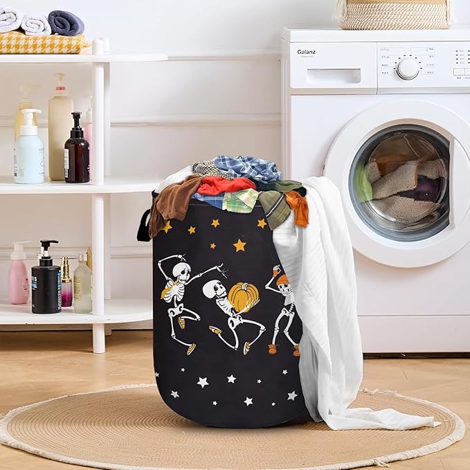 Dancing Skull Laundry Basket with Sturdy Handles, Halloween Funny Collapsible Oxford Cloth Laundry Hamper Organizer Basket for Bathroom Bedroom 15.7x20 Inch