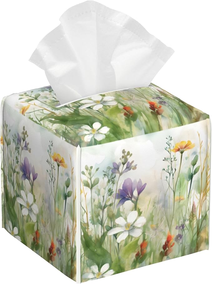 Watercolor Summer Flower Tissue Box Cover,Colorful Wildflower Floral Waterproof Leather Square Tissue Box Cover Case Facial Paper Organizer Dispenser Box Holder for Home Office Bathroom Vanity