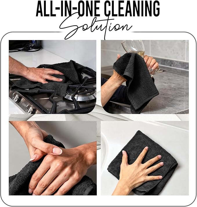 RIVERSIDE 24 Pack Washcloths Set - 100% Cotton [12x12 Inches] - 500 GSM, Soft, Quick-Dry & Highly Absorbent Face Towels - Perfect for Bathroom, Gym, Hotel, Spa & Travel - Black