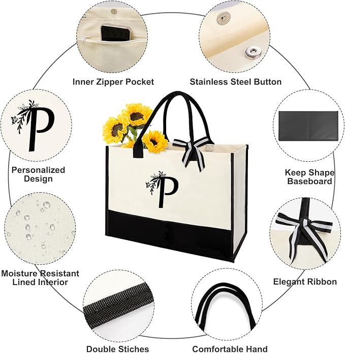 Personalized Gifts for Women - Initial Canvas Tote Bag & Makeup Bag, Custom Bags for Beach, Christmas, Wedding, Birthday, Holiday, Monogram Birthday Gifts for Women, Mom, Wife, Teacher, Friend - P