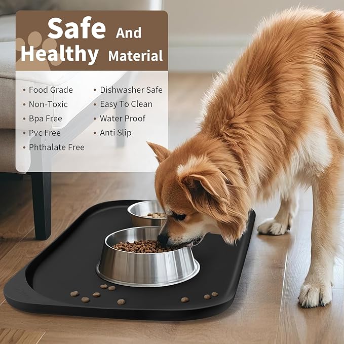 Smilool Silicone Pet Food Mat with Raised Edge for Food and Water Bowl, Dog Feeding Mats, Cat Food Trays for Floor Waterproof, Rubber Tray for Dogs and Cats, 24 x 16 x 0.8 Black