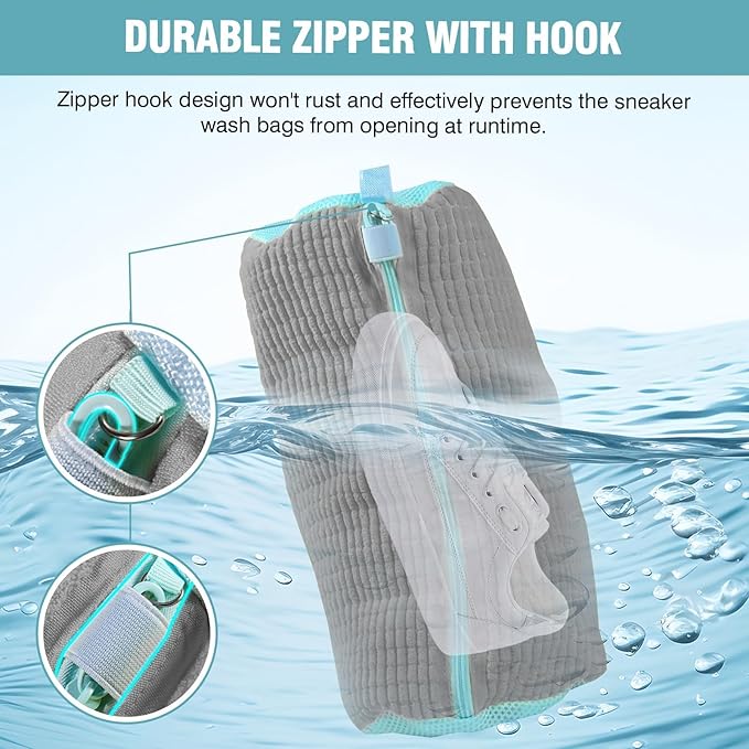 2 Pcs Shoe Washing Machine Bags with 4 Adjustable Shoe Trees, XXL Laundry Bags for Washer and Dryer, Sturdy Zipper with Hook Design, Reusable Cleaning Bag for Sneaker, Tennis (Gray)