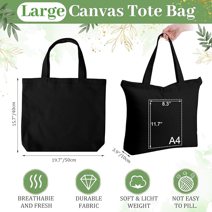 Silkfly 20 Pcs Extra Large Canvas Tote Bags Bulk 19.7x15.8'' Blank Cotton Canvas Bag with Zipper Handles Reusable Plain Grocery Makeup Handbag for DIY (Black)