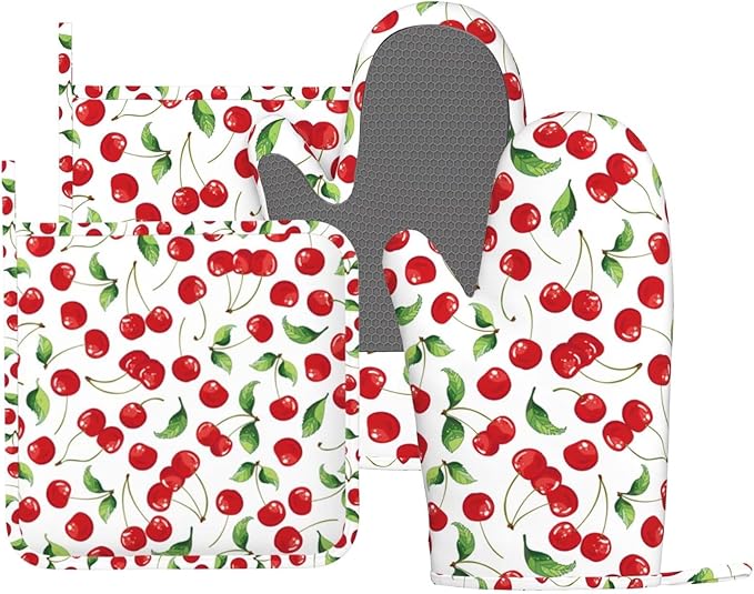 Cherry Fruit Pattern Oven Mitts and Pot Holders Sets Silicone Watercolor Cherries Kitchen Mitts Potholders Heat Resistant 4Pcs Oven Gloves Hot Pads for Kitchen Baking Cooking BBQ Grilling