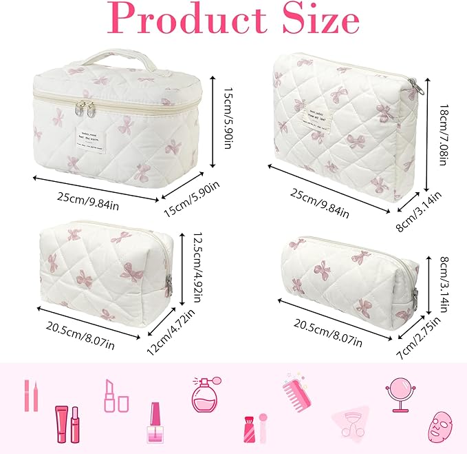Quilted Makeup Bag, Large Capacity Travel Cosmetic Bag for Women and Girls, Aesthetic Storage for Daily and Travel Use (4pcs-pinkbow)
