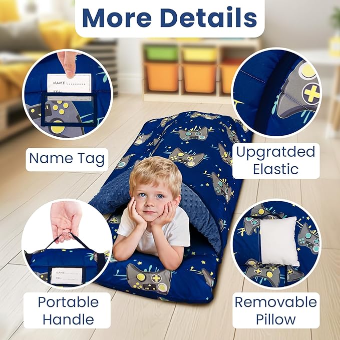 Beavtaens Toddler Nap Mat with Pillow and Minky Blanket, Large 55"x35" Sleeping Bag, Washable, Lightweight, Easy to Roll, Perfect for Preschool, Daycare, Kindergarten, Travel, Boys and Girls(Gamepad)