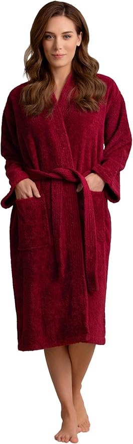 Soft Touch Linen - Women's Robe Terry Cotton Cloth- Kimono Style- Thick, Breathable & Comfortable- Lightweight & Absorbent- Costomizable (Burgundy, Large)