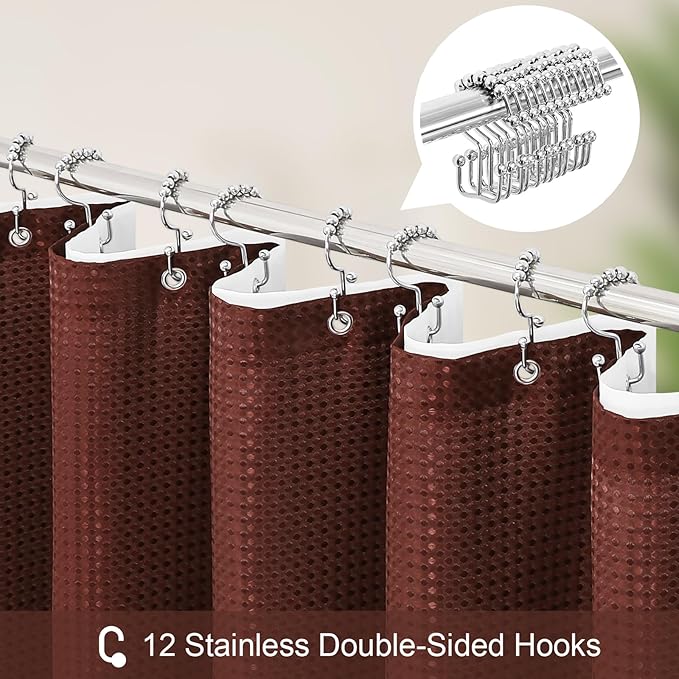 Craidlela 3 in 1 Long Brown Shower Curtain Set-72 W x 78 H, Modern Waffle and PEVA Liner Set with 12 Stainless Steel Hooks, Waterproof Fabric for Bathroom