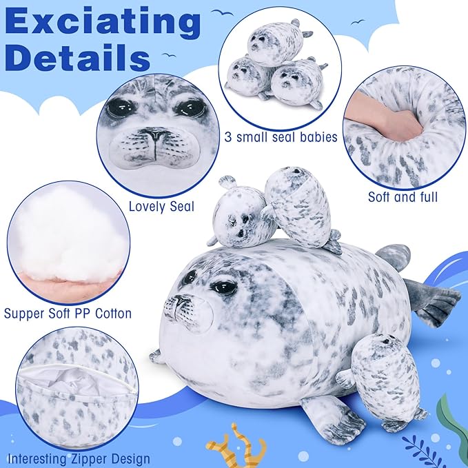 Achwishap 19.6” Seal Stuffed Animal Mommy with 3 Seal Baby Plush Toy,4pcs Seal Plush Pillow,Cute Plushie Seals Hugging Pillow Cuddle Plushie for Kids Girls Boys Birthday Gifts(Seals Family)