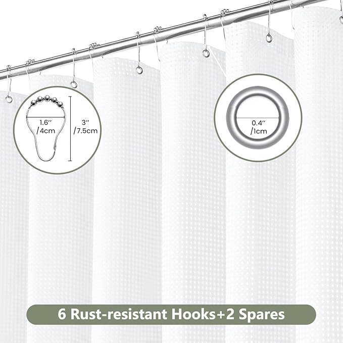 Inhousolu Fabric Shower Curtain Waffle Weave, 230 GSM Heavy Duty, Weighted Hem, 8 Metal Hooks, Water Repellent, Machine Washable, Hotel Spa Luxury Bath Curtain Set, 36 x 72 Inch, White