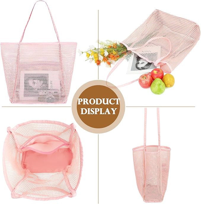 Fammart Mesh Beach Bag, Large Beach Tote with Zipper Pocket for Family Pool Bag for Toys & Vacation Essentials