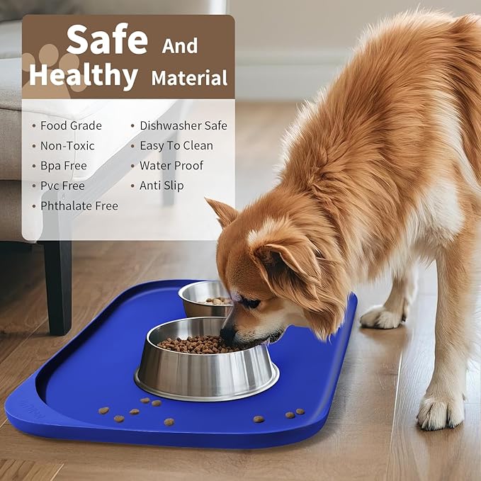 Smilool Silicone Pet Food Mat with Raised Edge for Food and Water Bowl, Dog Feeding Mats, Cat Food Trays for Floor Waterproof, Rubber Tray for Dogs and Cats, 24 x 16 x 0.8 Beige
