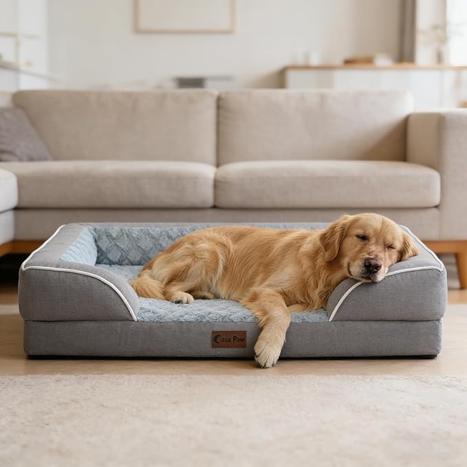 Casa Paw Orthopedic XXL Dog Beds, Waterproof Memory Foam Big Bolster Pet Bed for Extra Large Sized Dogs 53x42Inch, Non-Slip Bottom and Egg-Crate Foam Dog Couch Bed with Washable Removable Cover, Grey