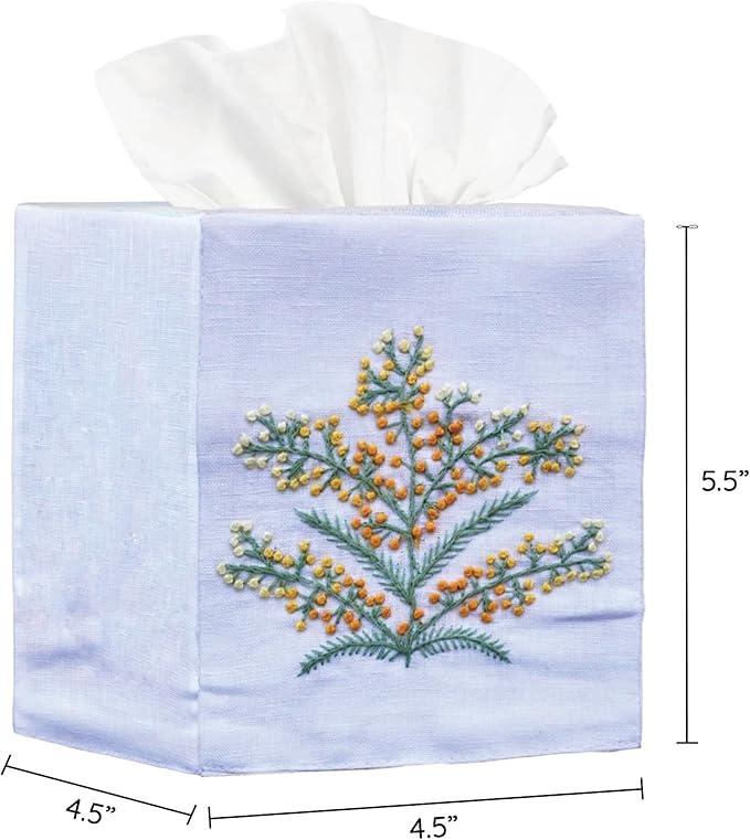 EmbroideryLinen.VN Tissue Box Cover Set of 2, Square Linen Tissue Holder, French Knot Hand Embroidered Floral Design, 4.5x4.5x5.5 Inches, Decorative Holder for Bathroom, Living Room, Office (White)
