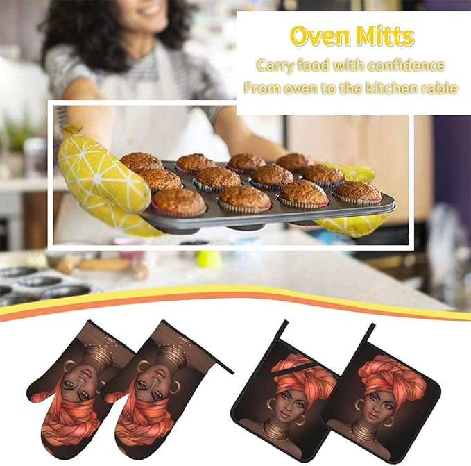 African Woman Oven Mitts and Pot Holders 4 Pcs Set Afro Black Girl Oven Gloves and Potholders for Cooking Microwave BBQ Baking Grilling