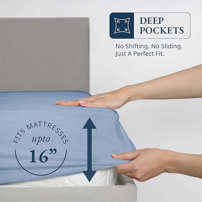 Lane Linen 100% Egyptian Cotton Full Size Fitted Sheet Only (55"x76" + 16") - Elegant Sateen Weave, Ultra Soft, Breathable, Highly Durable, Deep Pockets Upto 17" - Swiss Dot French Blue
