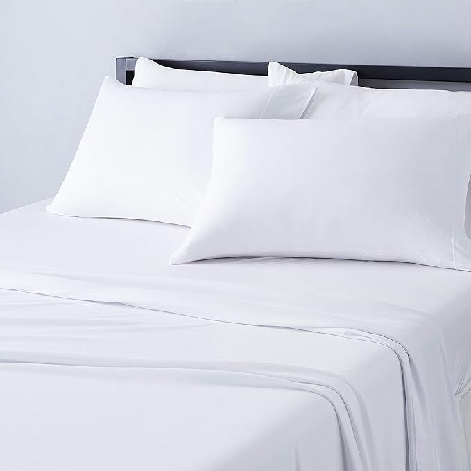 Amazon Basics 4 Piece Bed Sheet Set, 100% Cotton Jersey, Includes Super Soft, Flat and Fitted Sheets, Pillowcase, King, White, Solid