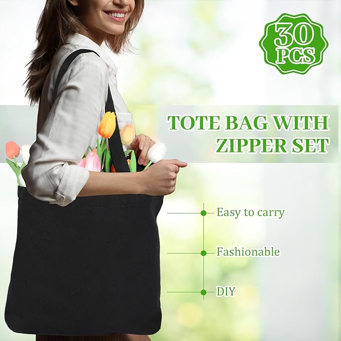 Silkfly 30 Pcs Canvas Tote Bags Bulk 16.5x13.4'' Blank Cotton Canvas Bag with Zipper Handles Reusable Plain Grocery Makeup Handbag for DIY(Black)