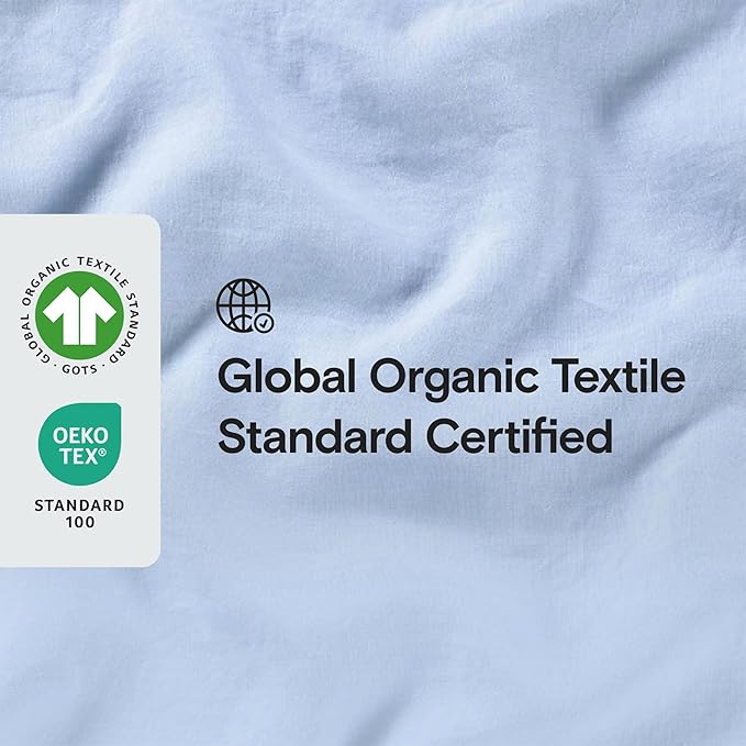 Sijo Stone Washed Organic French Linen Bed Sheet Set, GOTS Certified Organic, Best Cooling Linen Sheet Award by Sleep Foundation, 4 Piece - 2 Pillowcases, 1 Fitted and 1 Flat (Sky, Queen)